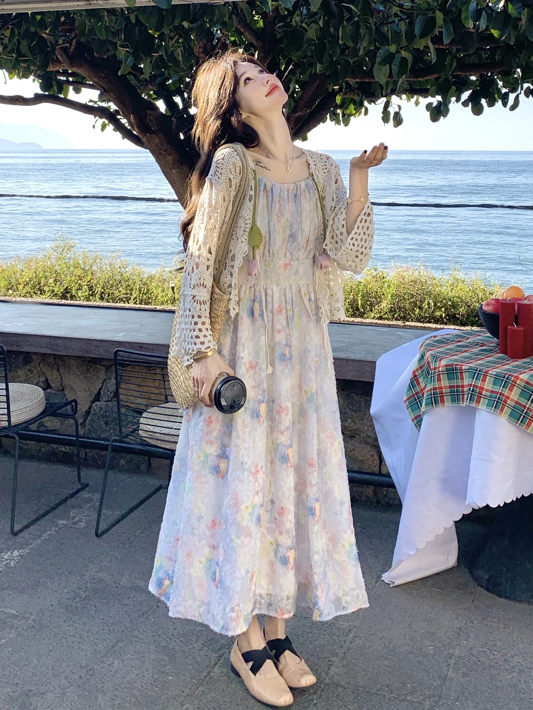 

Romantic Gentle Floral Print Halter Dress Set Women's Knitted Hollow out Cardigan Two Piece Spring Autumn Fashion Chic