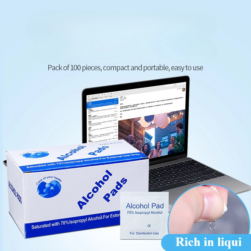 مناديل تنظيف كحولية محمولة معبأة بشكل فردي بنسبة 75%، مناسبة للهواتف المحمولة وأدوات المائدة والدرابزين العامة والأظافر والمراحيض