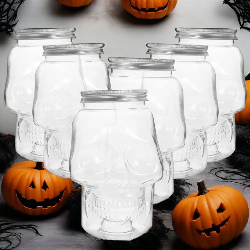 6er-Pack transparente Halloween-Totenkopf-Kunststoffgläser mit Deckel für Heimdekoration, Figuren, Sammlerstücke, Desktop-Dekorationen