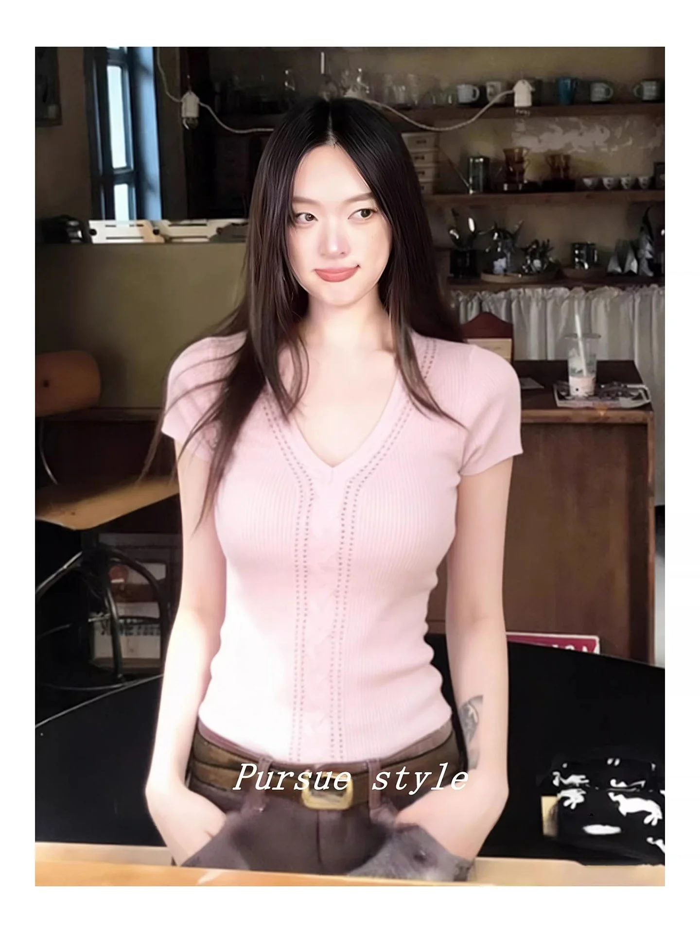 

Pink Thin Knitted Shirt V-Neck Design Sensual Pure Women's Summer New Style Temperament Hollow out Slim Fit Long Sleeve Top