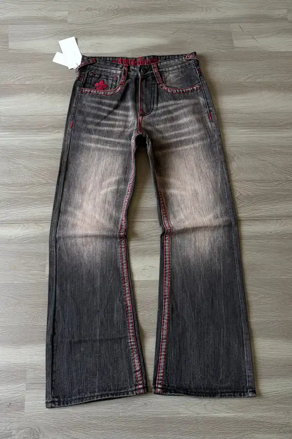 Hip Hop Gothic Style Y2K Black Grey Washed Flared Jeans Autumn European American Red Embroidered Mid Waist Denim Pants Unisex