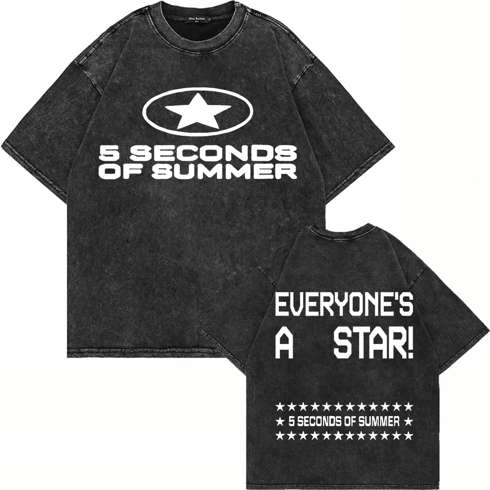

Футболка унисекс оверсайз 2026 Cotton Vintage Washed 5 Seconds of Summer Everyone’s A Star World Tour 2026, свободного кроя, с эффектом кислотной стирки
