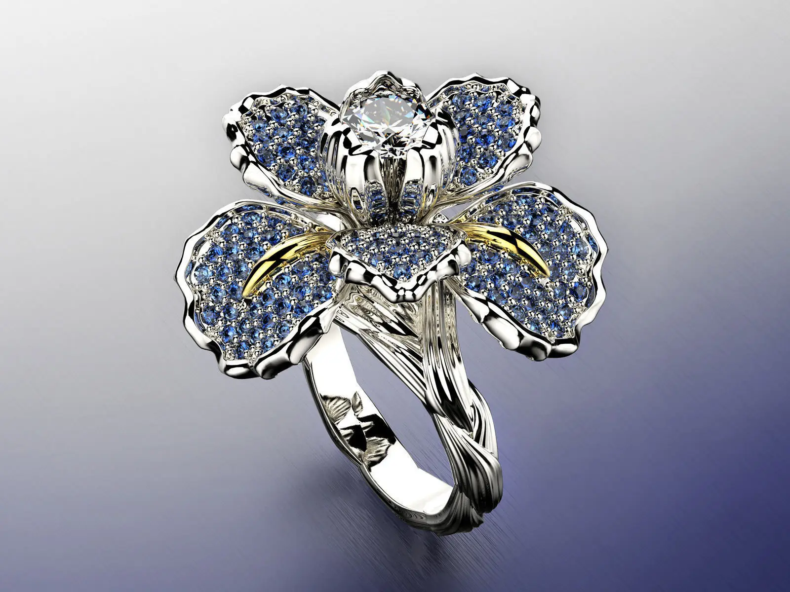 S925 Sterling Silber Zweifarbiger Ring mit Mikro-Pavé-Diamanten und Blauer Topas-Blume, Perfekt für den Alltag und Dates – Detail 1