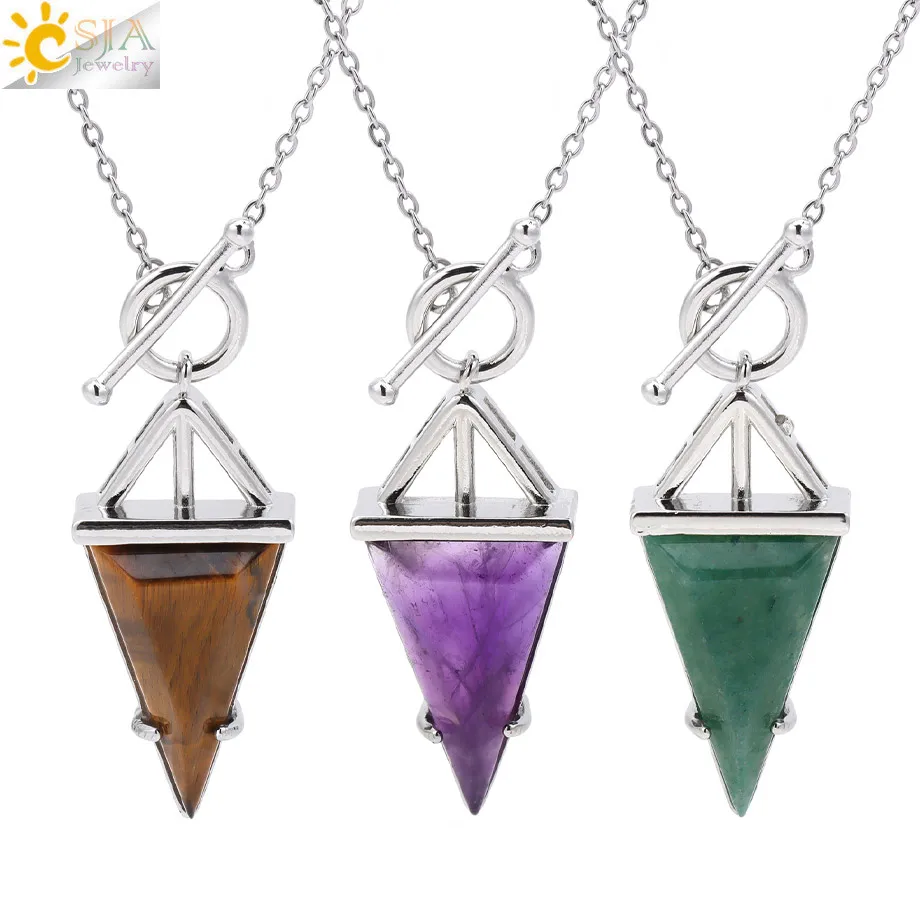 CSJA Vintage Triangular Prism Crystal Necklace Adjustable Natural Stone Rose Quartz Necklaces for Women Chain Jewelry H832