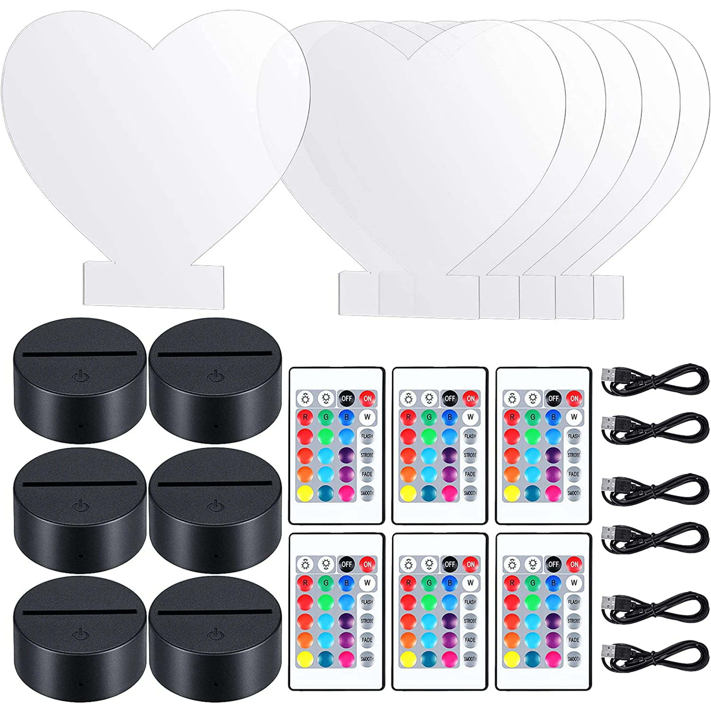 

6 Set 3D Night LED Light Lamp Base with Heart Acrylic Sheet Includes Remote Control And USB Cable16 Colors Decoration For DIY