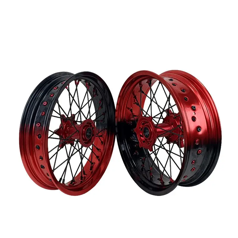 

17 Inch Supermoto Wheel Set Fit EXC SXF MC XE TE FE Bi-Color Red And Black Rims Supermoto Wheels