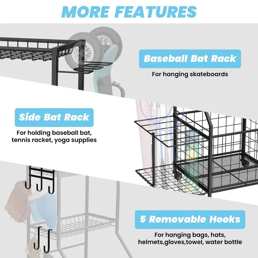 スポーツ用品オーガナイザー、ガレージボール収納ラック（バスケットとフック付き）、頑丈なホイール付きローリングボールカート（おもちゃ収納用）