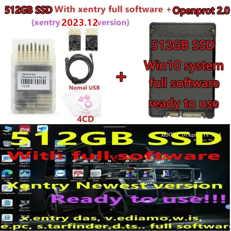 Newest 2023.12 xentry full software with 512GB SSD+ DTS-Monaco-Vediamo-xety-epc-wisdas openport 2.0 diagnostic tool ready to use