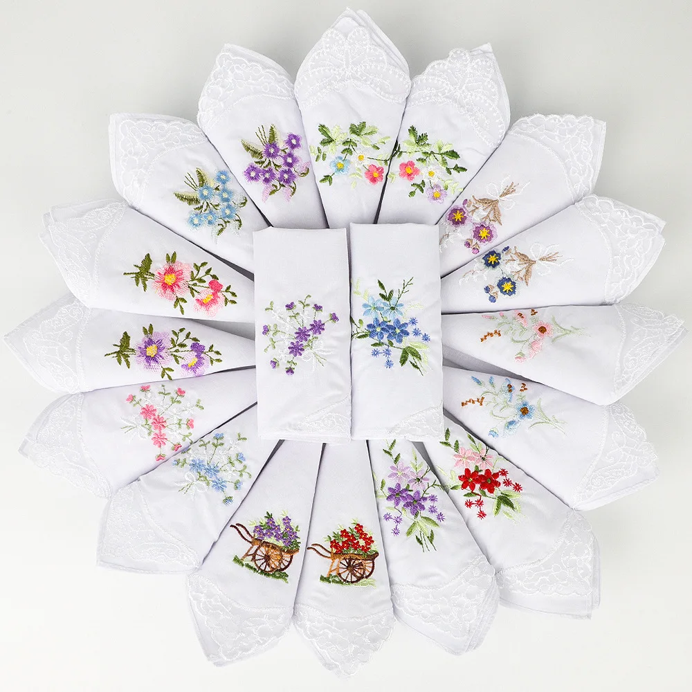 3Pcs Pure Cotton Women's Embroidery Wipe Sweat Handkerchief Lace Handkerchief Multi-flower Mixed Embroidery White 28 * 28cm