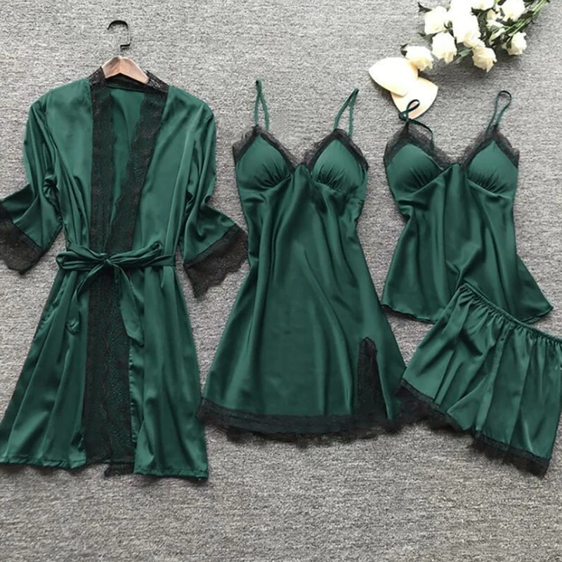 4PCS Sleepwear Pajamas Set Silk Women Nightdress Lace Dress Robe Sleep Nightwear Silk Solid Color Pijama Sets