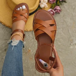 Women's Flat Sandals Summer New Comfortable Soft Sole Roman Sandals Open Toe Solid Color Beach Shoes Lightweight Retro Sandalias