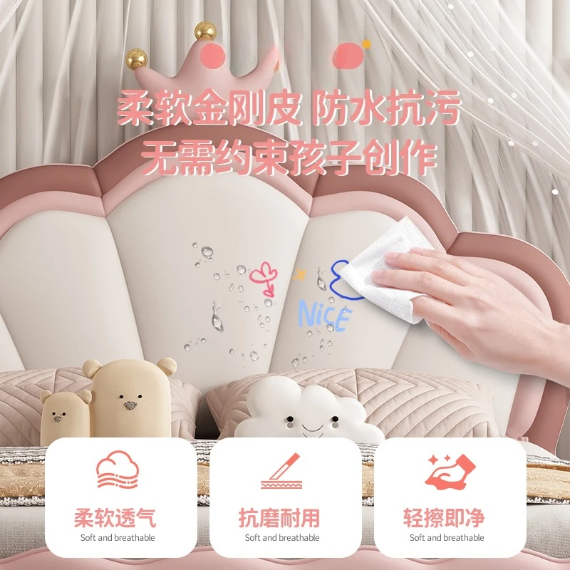 Pink crown solid wood children's bed modern double  simple leather  light luxury master bedroom