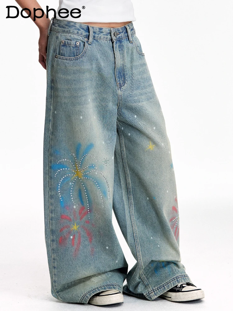 Men Women 2025 Autumn Winter New American Style Printed Rhinestone Long Denim Pants Loose Trendy Jeans Handsome Denim Trousers