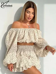 Oymimi Fashion Beige Cotton Womens 2 Piece Outfit Set Casual Strapless Long Sleeve Crop Tops And High Waist Pleated Skirts Sets