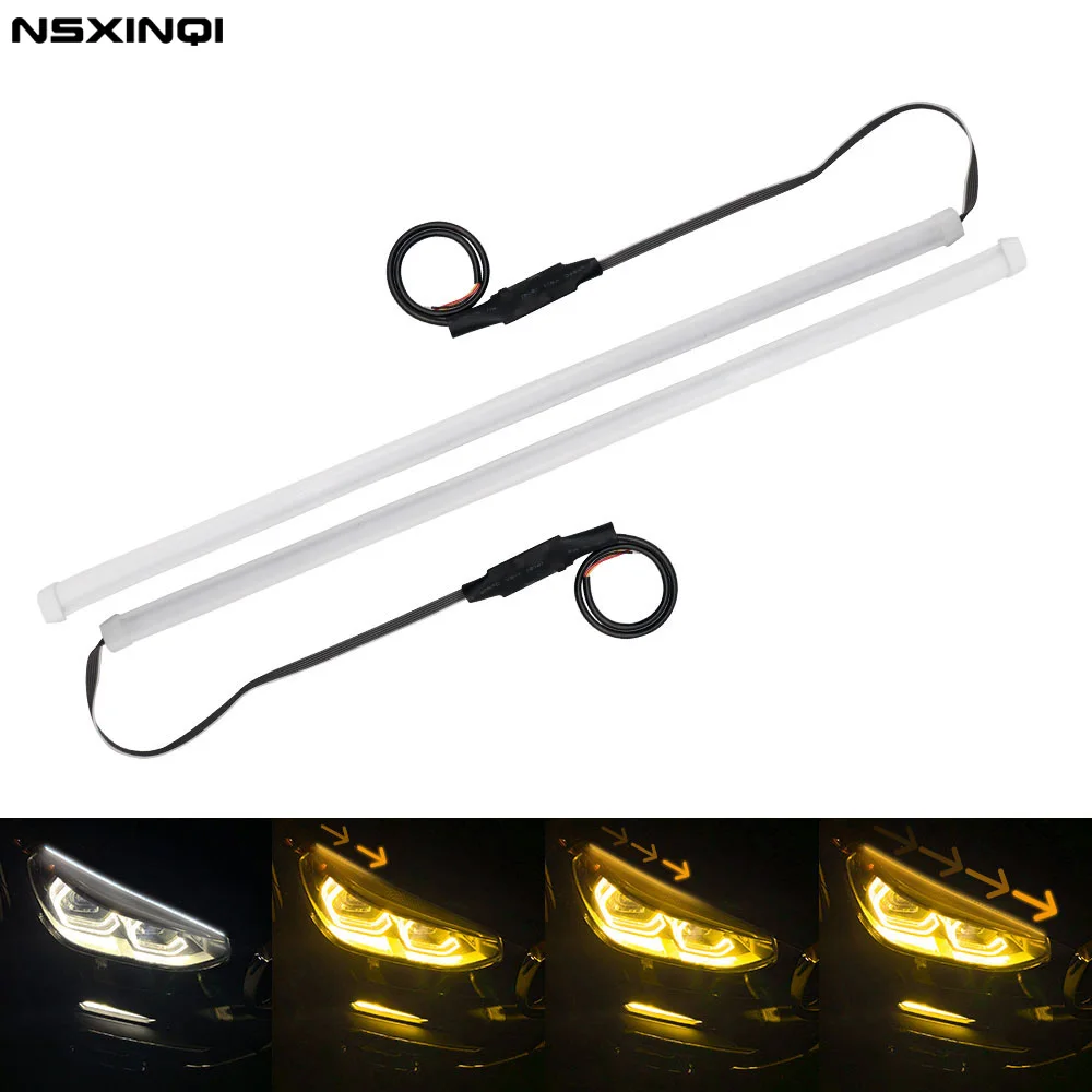 

2pcs Flexible sequential Flowing Tube Strip Car DRL Turn Signal Angel Eye White Amber LED Daytime Running Lamp Headlight 30cm 45