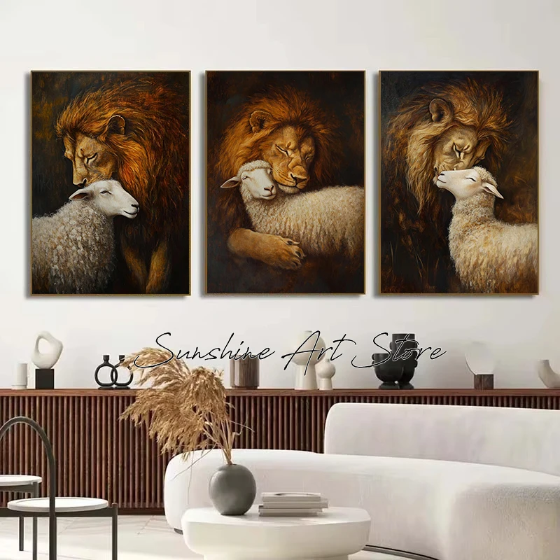 Lion and Lamb Harmony Peaceful Christian Spiritual Strength Serenity Inspirational Poster Canvas Painting Wall Picture Art Decor