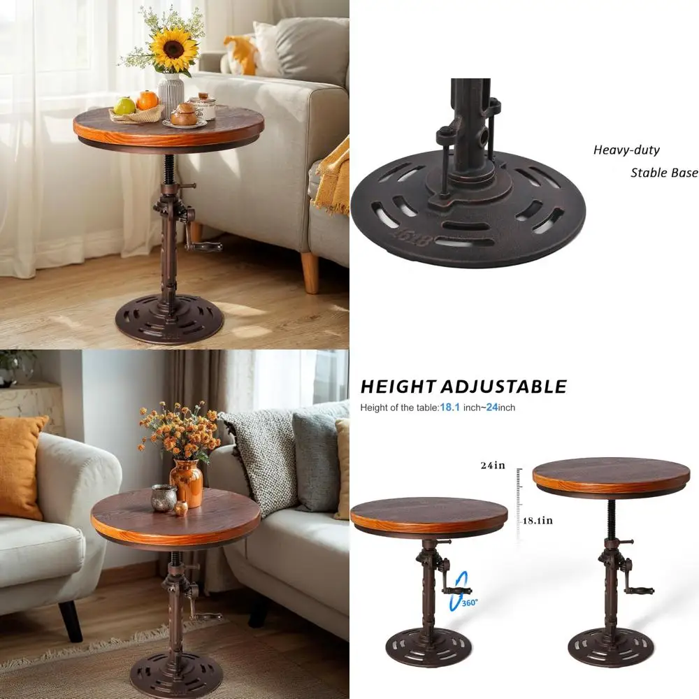 Industrial Style Metal and Wooden Adjustable Height Side Table with Hand Crank for Living Room and Bedroom