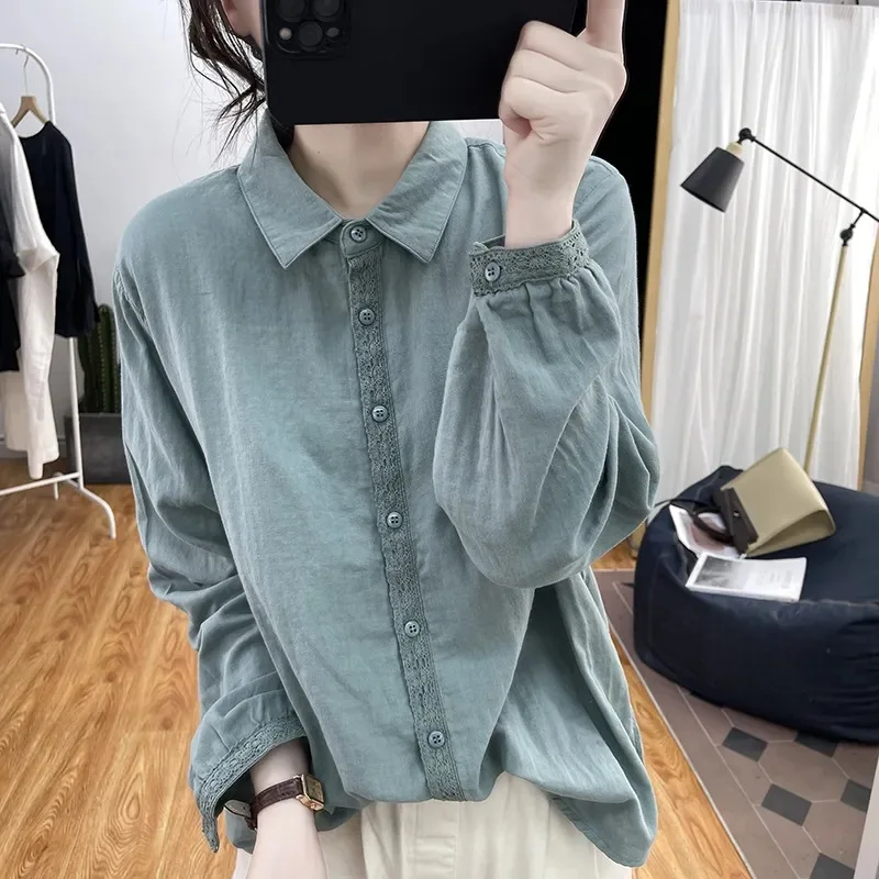 

Chic Retro 100% Cotton Shirt Women Cotton Long Sleeve Loose Blouse With Button Ladies Thin Soild Polo Shirts Vacation Cardigan