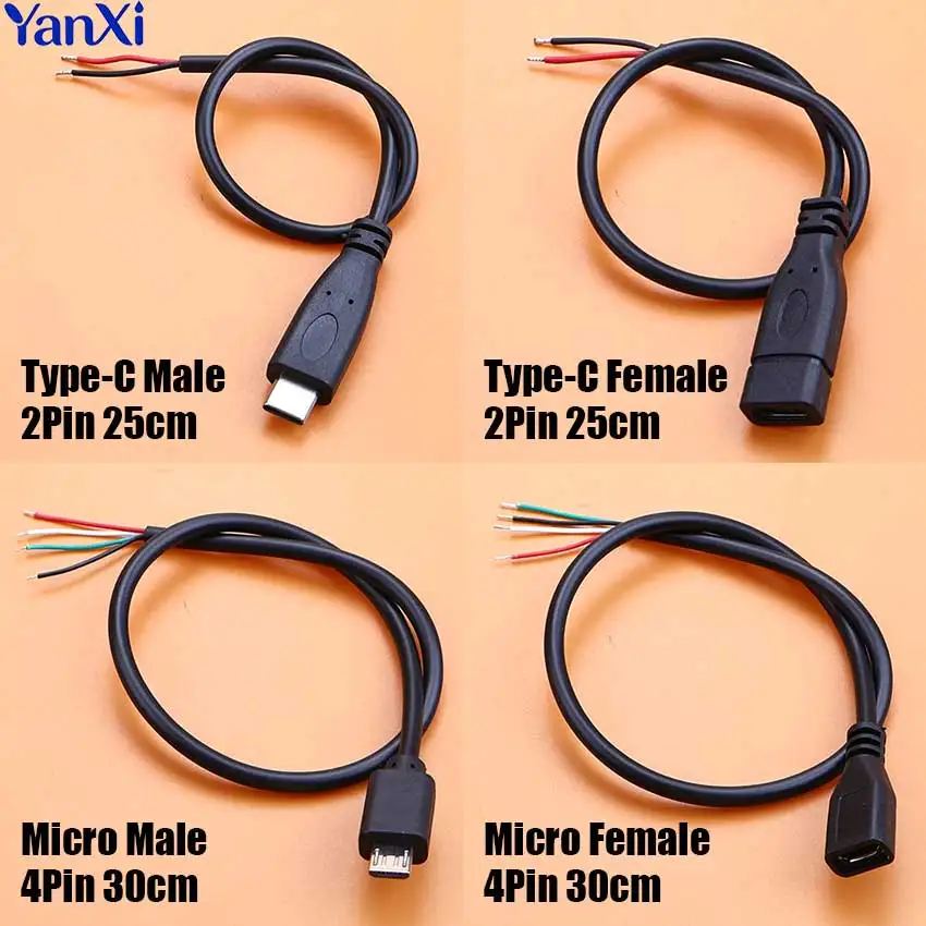 USB-Stromversorgungskabel 2 4 Pin Core Micro USB Typ C Stecker-Buchse-Verbindungskabel DIY Daten-Lade-Verlängerungskabel 25cm 30cm