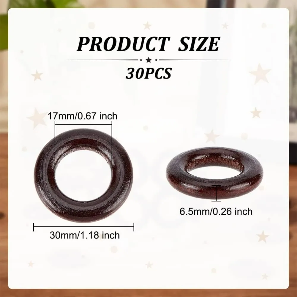 30 Pcs Natural Wood Rings Circles 1.2 Inch Natural Wood Rings Solid Wooden Rings Smooth Wood Ring and Pendant Connectors for