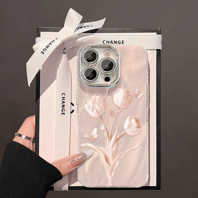 

Beautiful Pink Tulip Women iPhone 16 Apple Phone Case 15 Niche Premium 14 Bracket 13