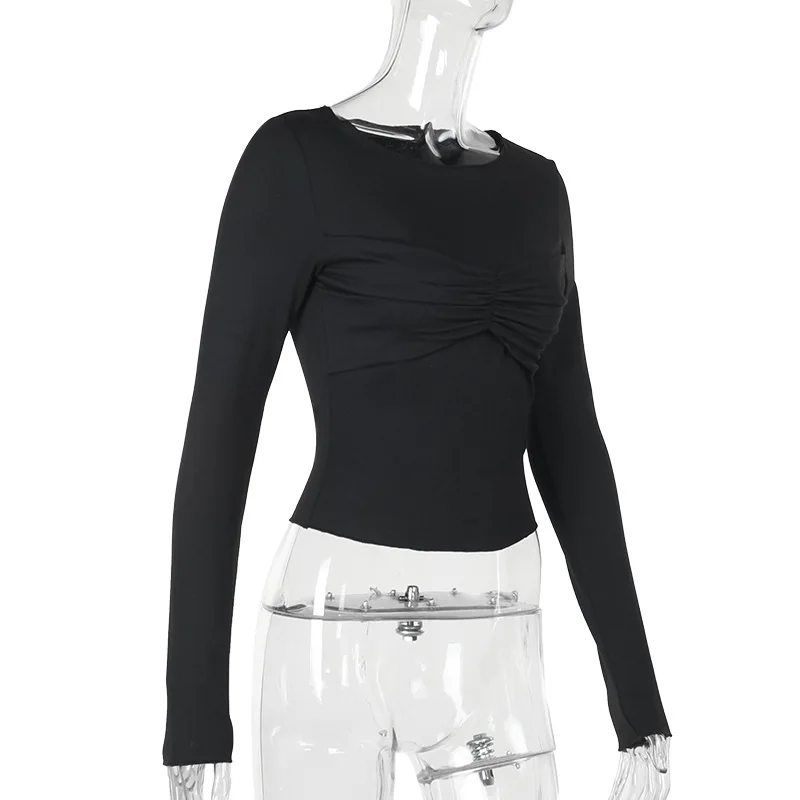 Pleated Casual Long Sleeve T-shirt Top Female Slim Cropped Patchwork Solid Fashion High Waist Pullover Women's Summer Tee