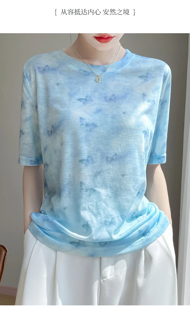 Summer New Women's Round Neck Printed Knitted Short-Sleeved Thin T-shirt Loose Bottoming Shirt