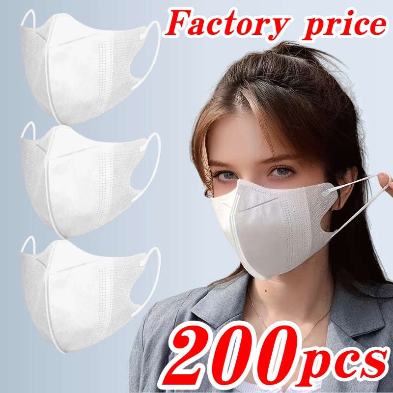 200 máscaras descartáveis tridimensionais brancas de 4 camadas/3D, design curvo para caber aos contornos faciais, 200/100/50/10 peças com presilhas elásticas espessadas para ponte nasal, compra em massa barata para uso