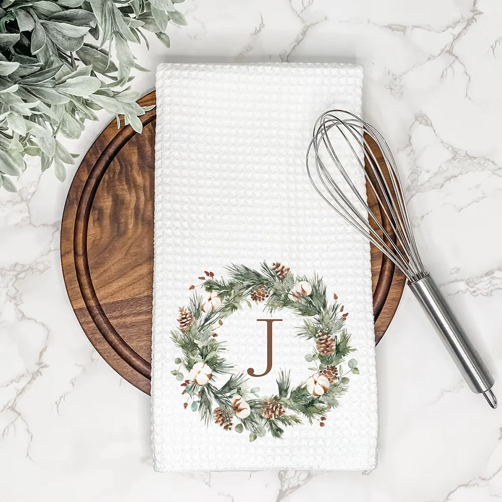 

Custom Monogram Christmas Wreath Waffle Tea Towel Kitchen Hand Towel Housewarming Hostess Gift Farmhouse Winter Table Decor