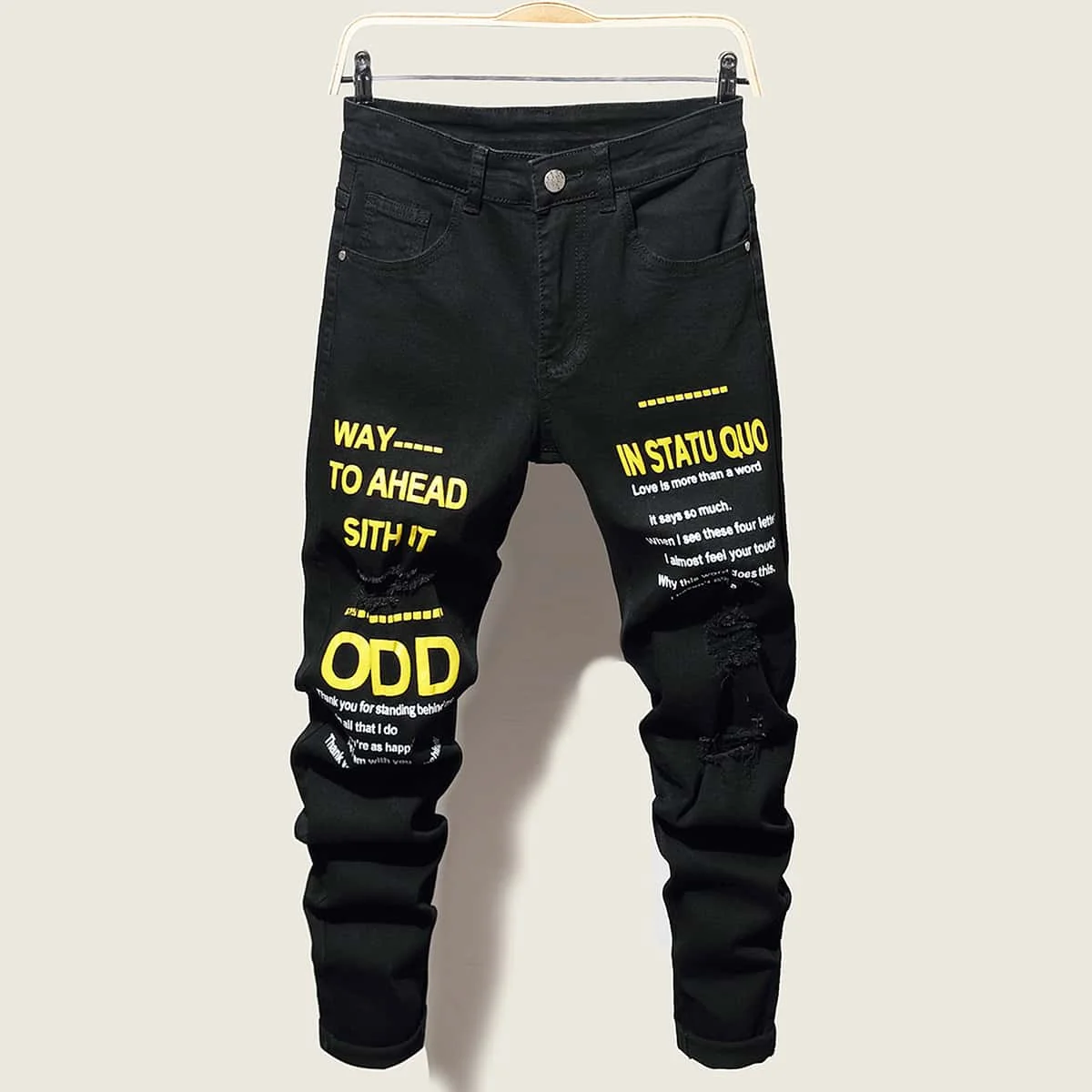 Pantalones vaqueros elásticos rasgados para hombre, Jeans ajustados con estampado de dibujos animados, letras de motorista, Agujero destruido, ajuste Delgado, Jeans negros de Hip Hop