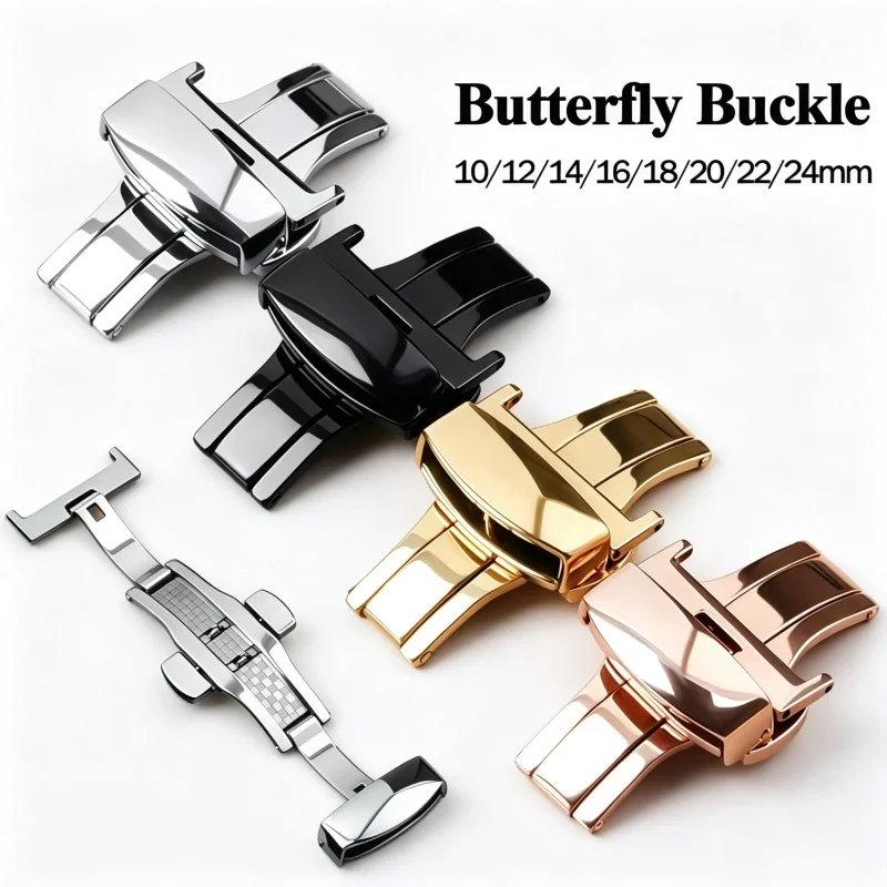 Watch Band Butterfly Buckle Stainless Steel Double Press Folding Clasp 12mm-24mm Watchband Button Replacement Watch Strap Clasp