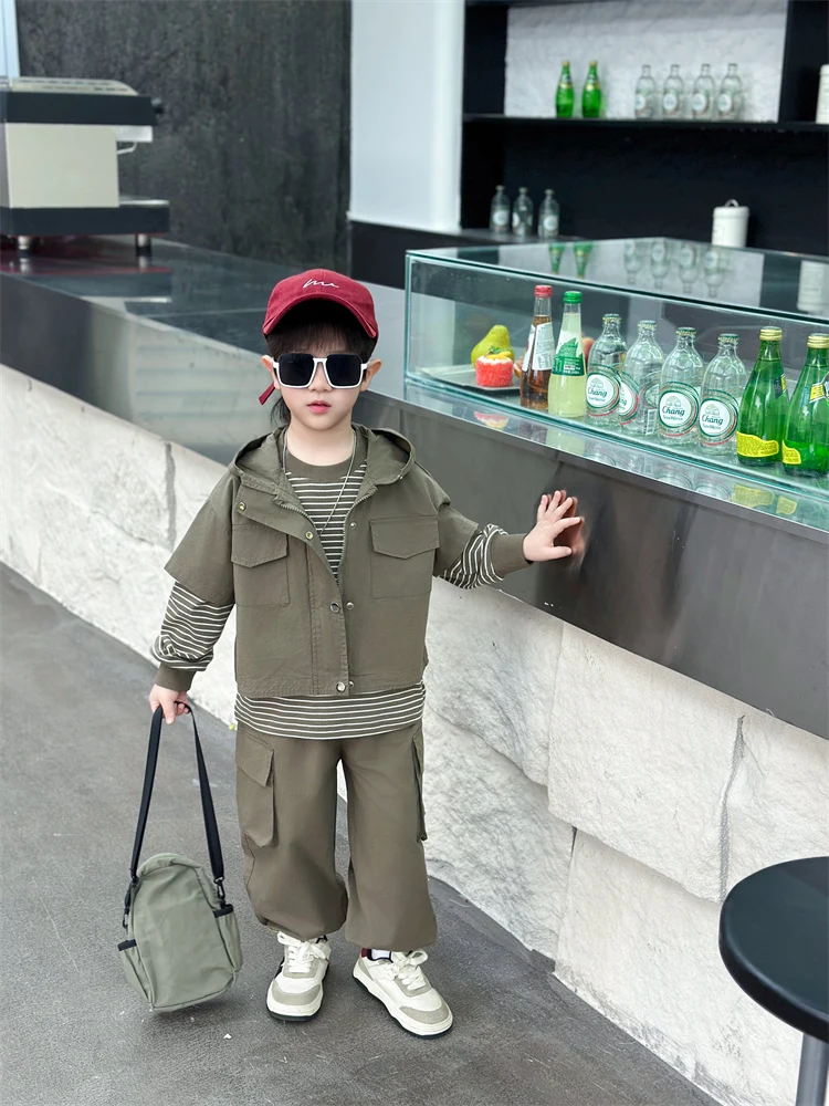 

Осенний детский комплект из толстовки и брюк для мальчиков: модный повседневный спортивный костюм из двух предметов с длинным рукавом