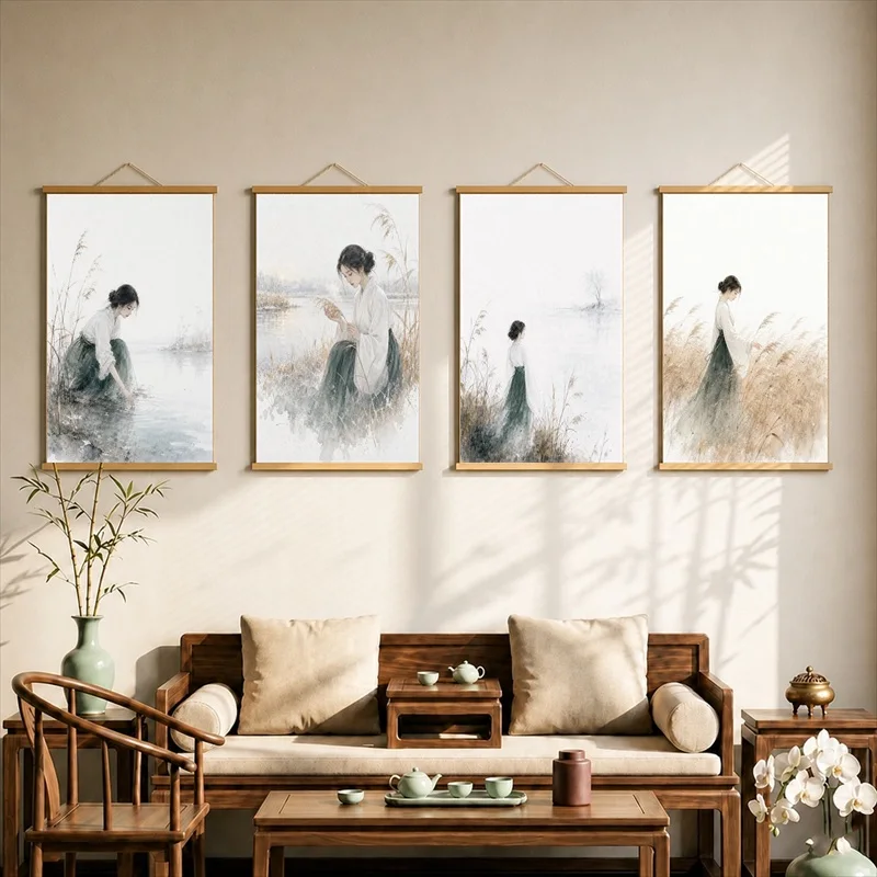 Reed Marsh Poetry Canvas Wall Art Hanging Scroll Serene Chinese Nature Landscape Print with Wooden Rods for Home Decor