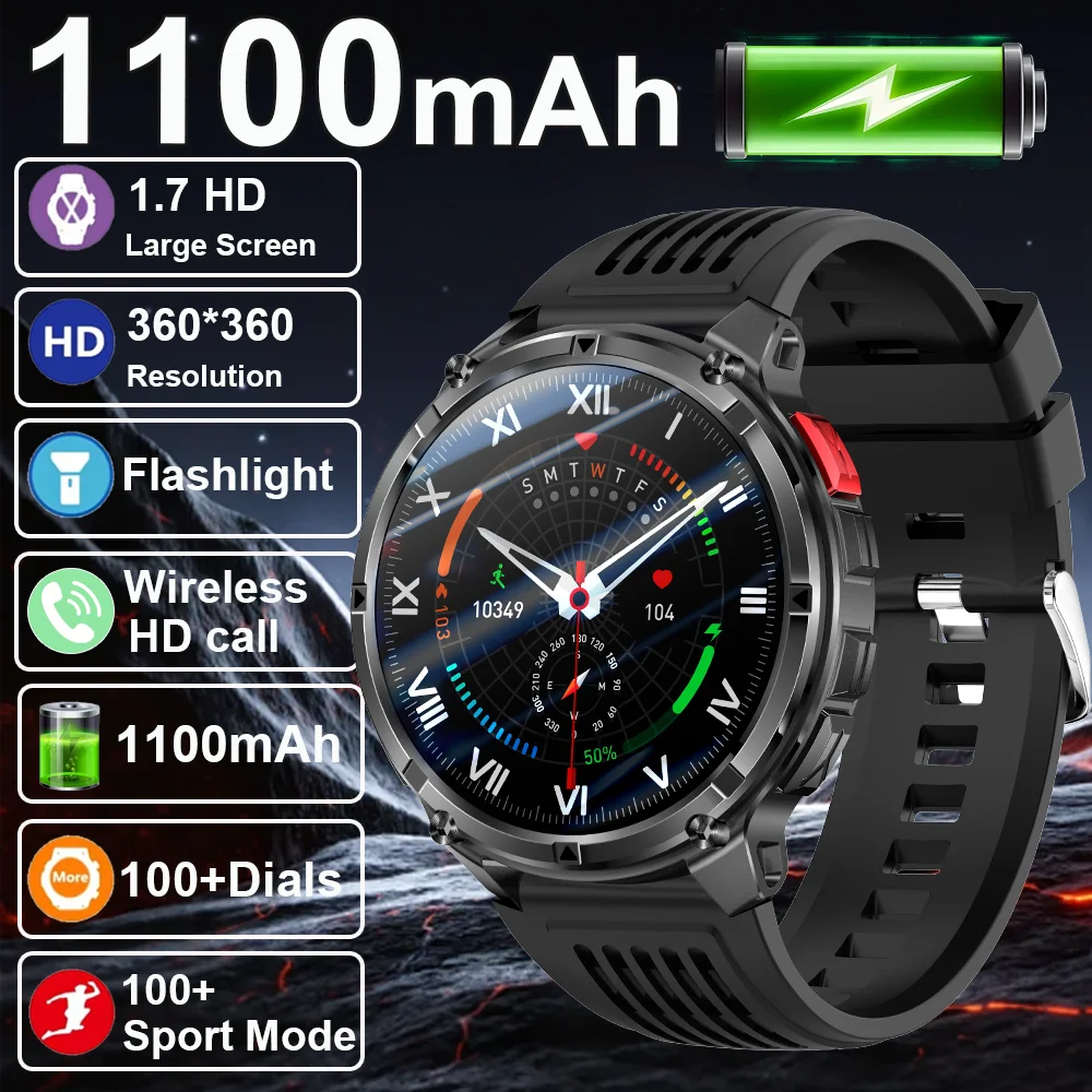 

2026 New Smart Watch 1.7inch AMOLED LED Flashlight 1100mAh Large Battery 3ATM Waterproof Voice Call Sports Men Fitness Bracelet
