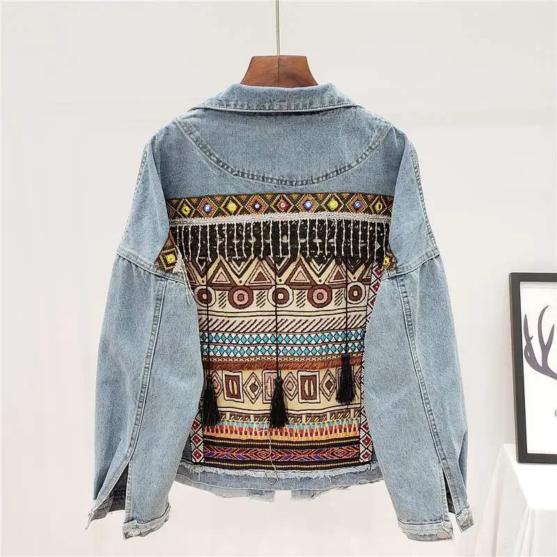 Vintage Blue Boho Embroidery Tassel Denim Jackets Women Loose Big Pocket Cowboy Outerwear Frayed Hem Jeans Jacket Coat Female