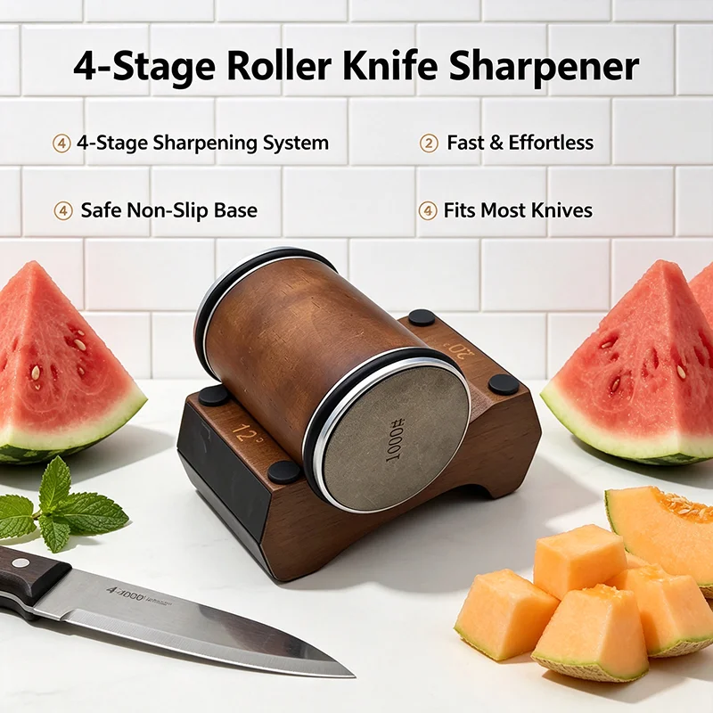 Rolling Knife Sharpener 4 Angle 12/15/18/20 Wooden Base Magnetic Suction Manual Chef Kitchen Knife Sharpening Diamond Stone Tool