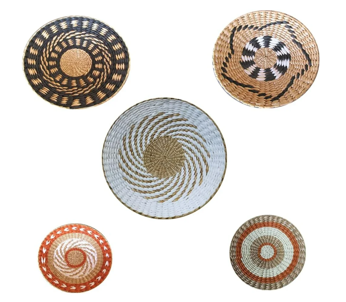 

Combination Seaweed Woven Wall Hanging Plates Straw Woven Background Wall Plates Hand Woven Rattan basket Decoration for Living