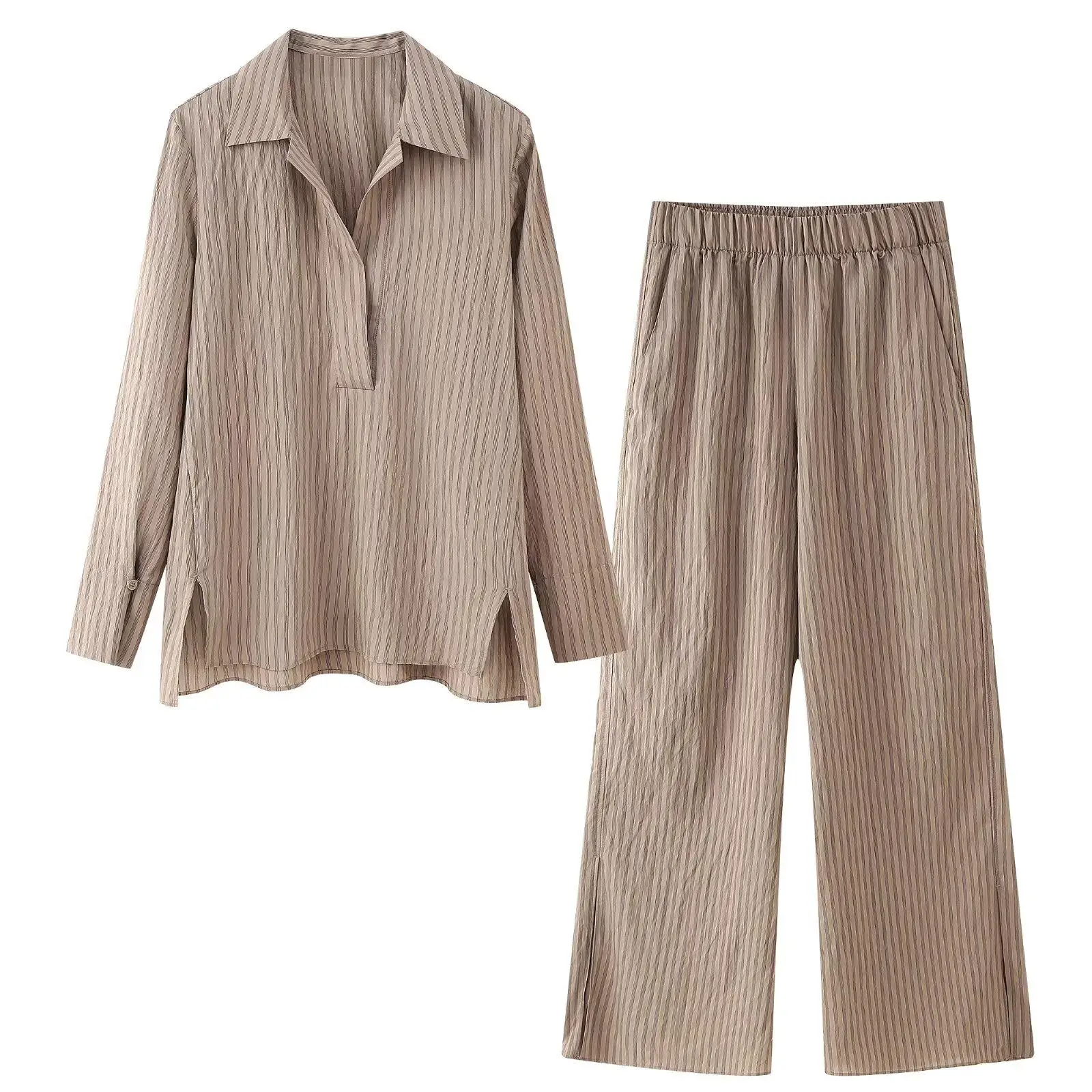 

SuperAen Europe and America Style Women New 2025 Spring Fashion Stripe Asymmetric Pullover Tops High Waist Pants Two-piece Sets