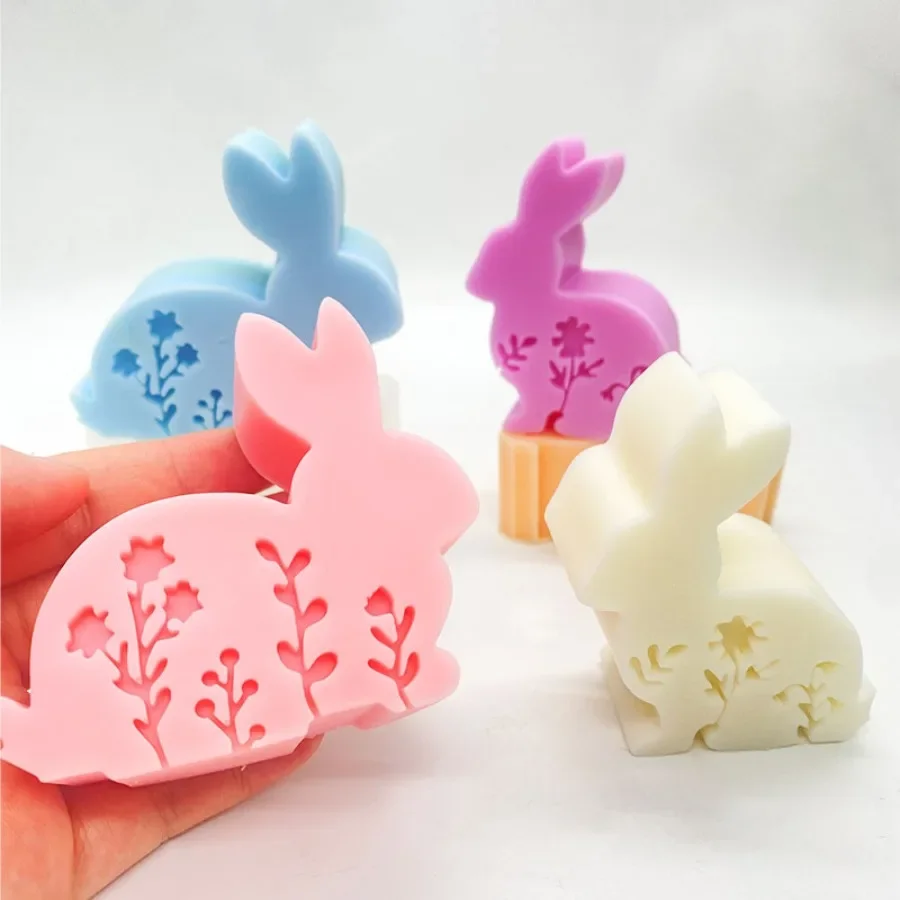 Easter Day Rabbit Silicone Mould for Candle Relief Lily Bunny Soap Making Tool 3D Flower Gypsum Mold Animal Shape Festival Gifts