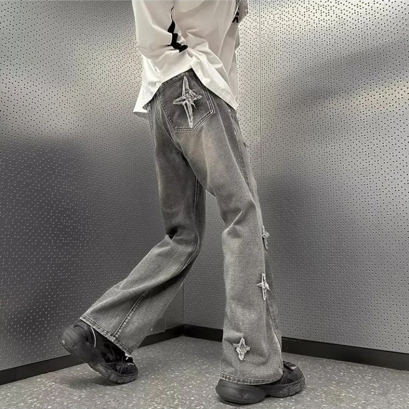 2Pcs Korean Retro Micro Flared Straight Leg Pants For Men Fashionable Star Design Pattern Casual Wide Leg Pants Grey Jeans Pants
