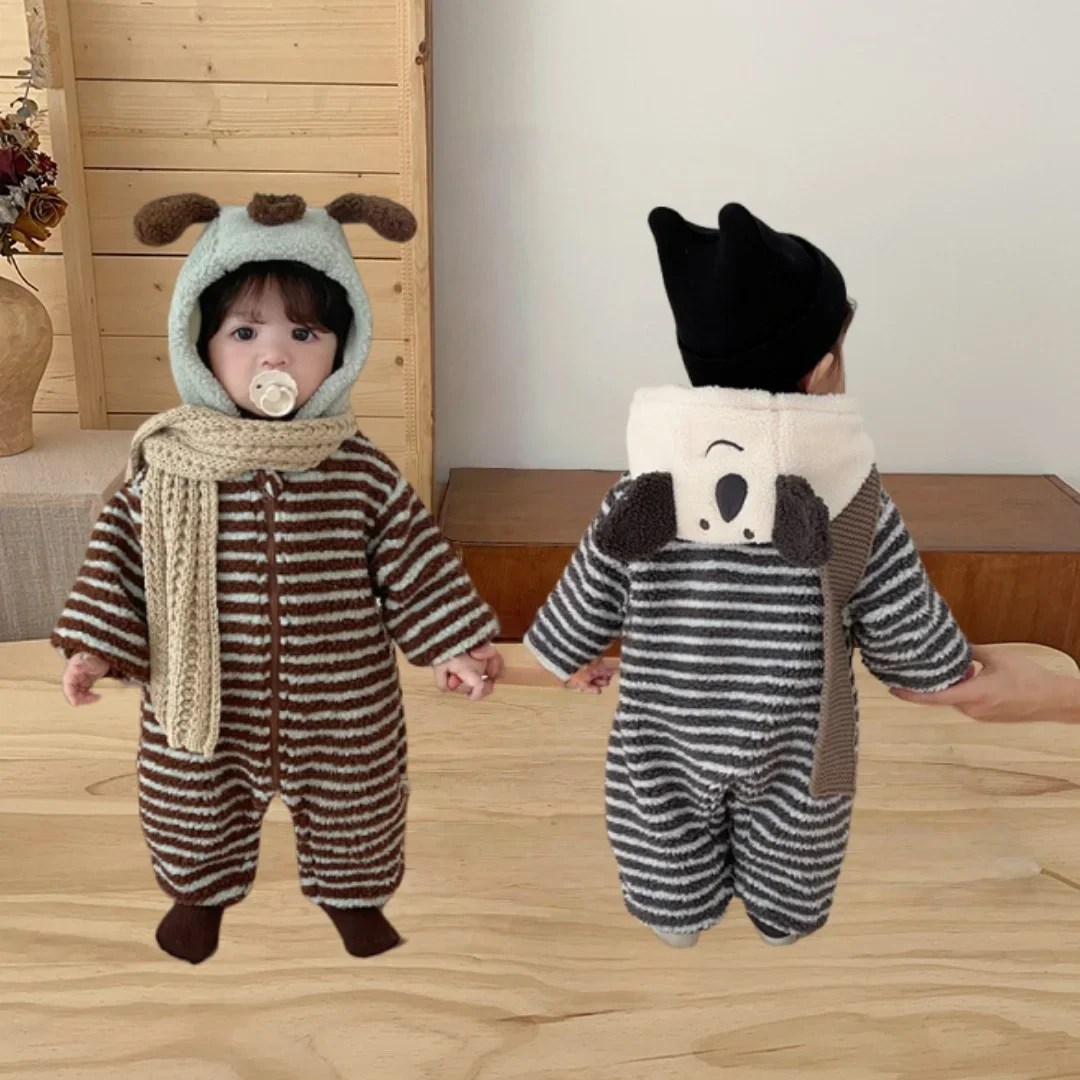 

Baby Girl Clothes Striped Fleece Lined Romper 0-2Y Boys Cartoon Animal Hooded Onesie Kids Winter Warm Jumpsuit Newborn Outfit