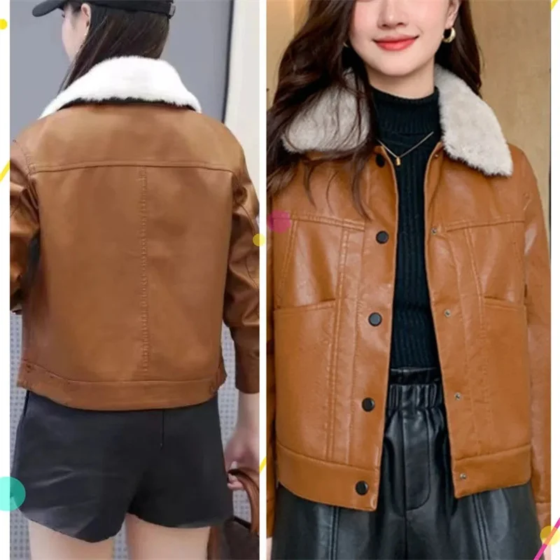 

2025 женская куртка из искусственной кожи с лацканами, осень-зима, женская мода, свободный топ из искусственной кожи, корейское женское кожаное пальто большого размера 4XL