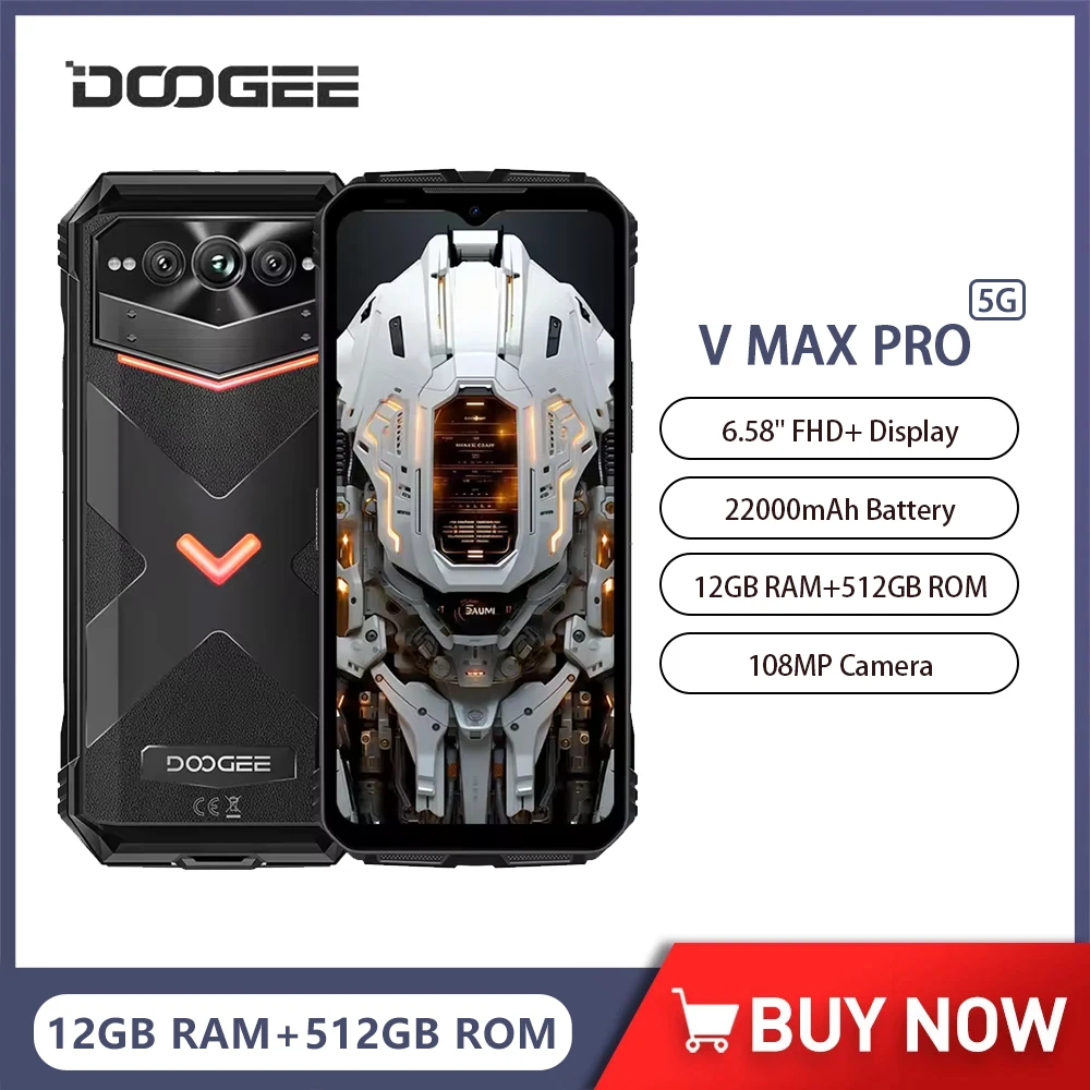 DOOGEE V MAX PRO 5G Rugged Smartphone Android 14 Dimensity 7050 6.58Inch 12GB RAM+512GB ROM Mobile Phone 108MP AI Camera 33W NFC