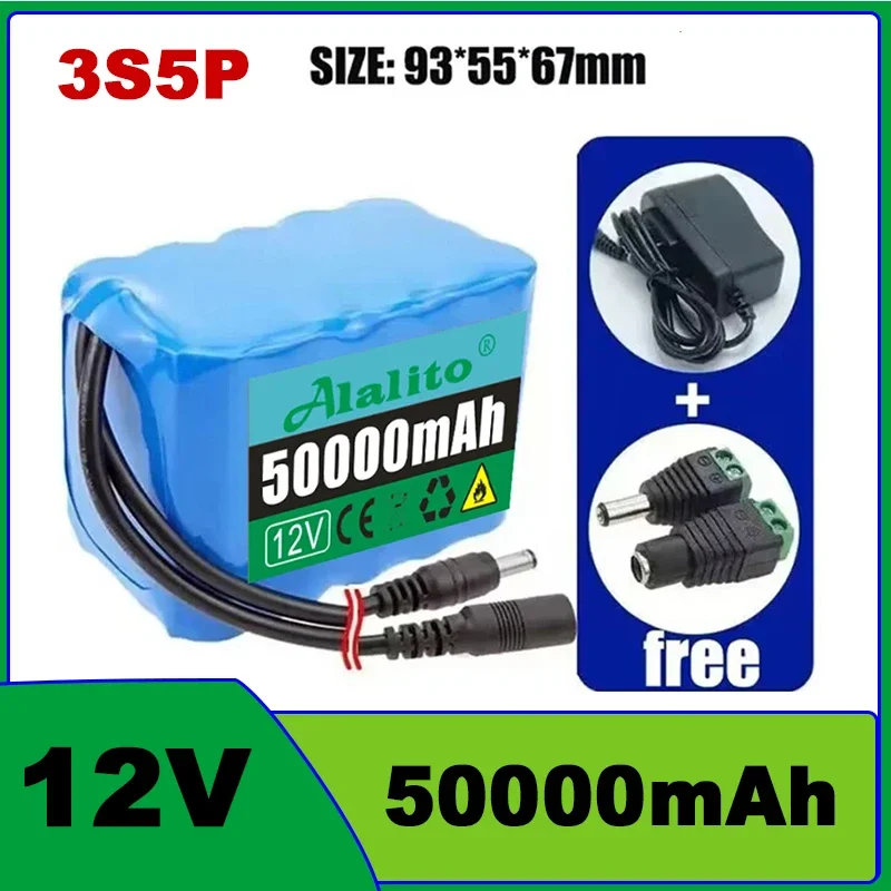 12V 50Ah 3s5p battery pack 18650 lithium ion 12V 20Ah-50Ah DC12.6V super large capacity rechargeable battery with BMS + charger