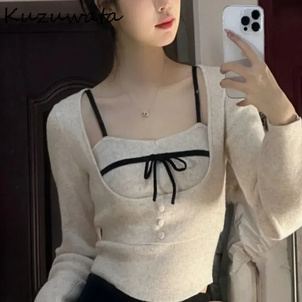 Kuzuwata Casual U Neck Pure Desire Style Sexy Sweaters Knit All-match Spice Girls Streetwear Tops Japan Bow Pullover Pull Femme