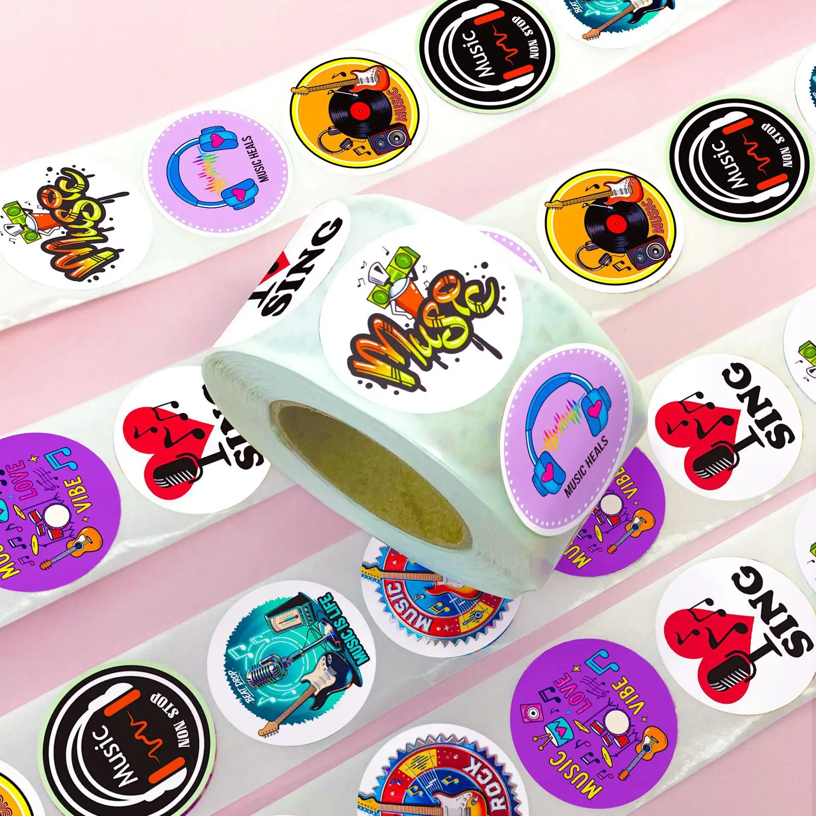 500Pcs/Roll New Trendy Music Roll Stickers 8 Different Cartoon Patterns DIY Craft Decals for Phone Case Luggage Laptop Guitar