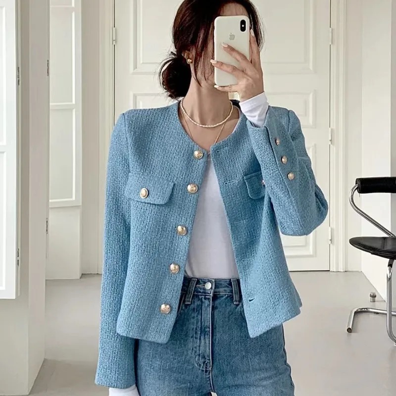 

New 2024 Women Small Fragrance Tweed Outerwear Spring Single Breasted Blends Wool Female Long Sleeve Jacket Coat