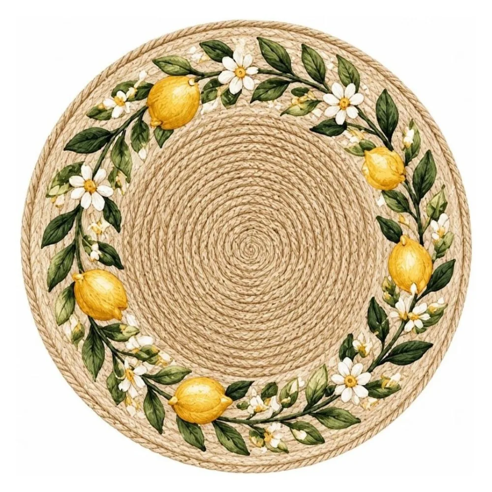 14.96in Printed Placemats Flower Printed Pattern Round Shape Imitation Rattan Placemats Anti-slip 2D Flat Round Table Mats
