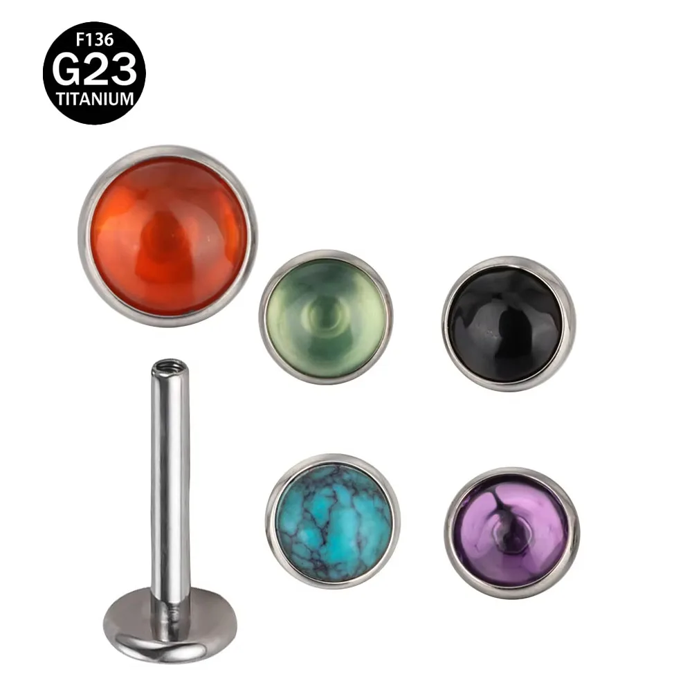 ASTM F136 Titanium PIERC Circular Ear Lip Studs with Natural Stone Top Labret Tongue Nose Stud Earrings Body Piercing Jewelry