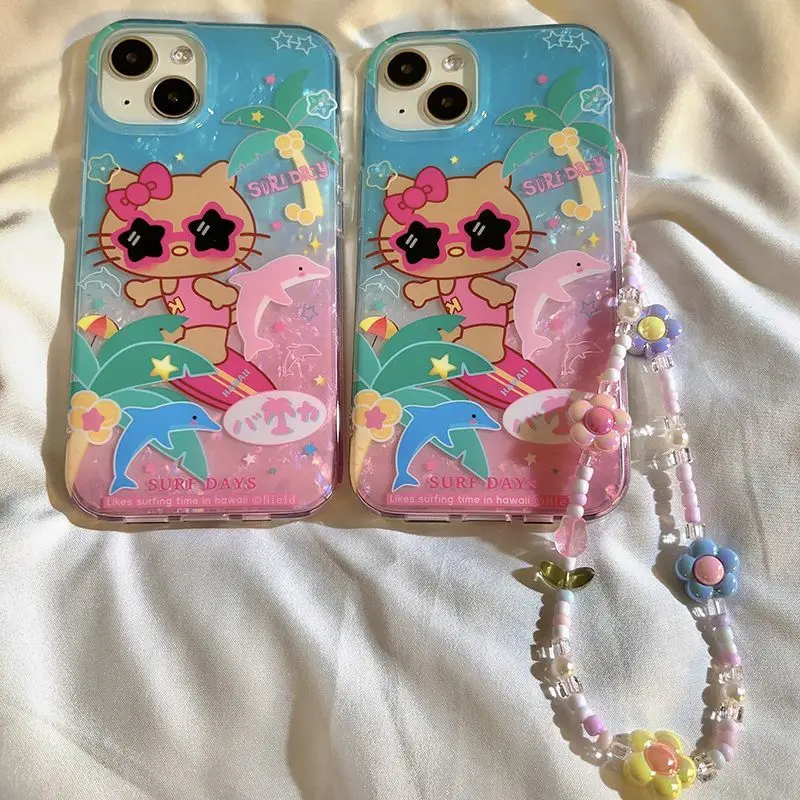 Sanrio Hello Kitty Iphone14 13Pormax Cartoon Phone Case Adding Chains Black Skin Hawaii Surfing Series A Holiday Gift for Girls